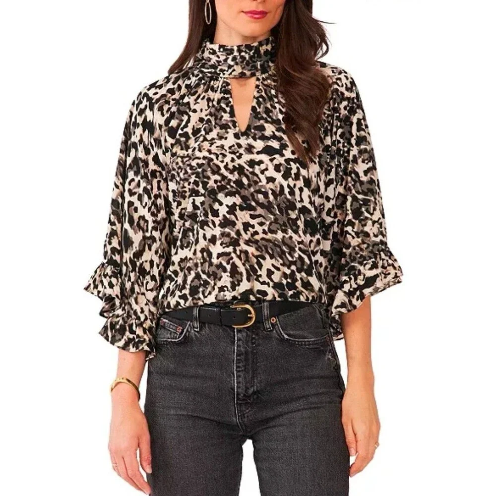 Vince Camuto Top Printed Mock-Neck Cutout Ruffle Sleeve Animal Print Size Large